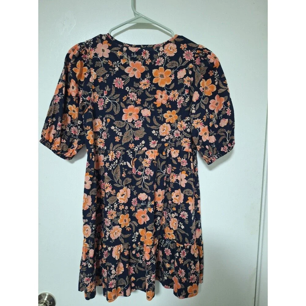 Old Navy Girl's Floral Tiered Dress Large L 10-12 Puff Short Sleeve Cotton Navy